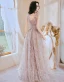 Flower Fairy Blushing Pink Beading Sequins Appliques Prom Dresses 2024 A-Line / Princess Square Neckline Sleeveless Backless Floor-Length / Long Prom Formal Dresses