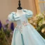 Lovely Sky Blue Birthday Flower Girl Dresses 2022 Ball Gown Square Neckline Puffy Short Sleeve Beading Appliques Pearl Rhinestone Floor-Length / Long Flower Girl Dresses