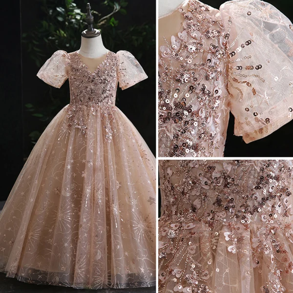 Sparkly Champagne Beading Lace Flower Sequins Birthday Flower Girl Dresses 2022 Ball Gown Scoop Neck Short Sleeve Floor-Length / Long Flower Girl Dresses