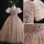 Sparkly Champagne Beading Lace Flower Sequins Birthday Flower Girl Dresses 2022 Ball Gown Scoop Neck Short Sleeve Floor-Length / Long Flower Girl Dresses