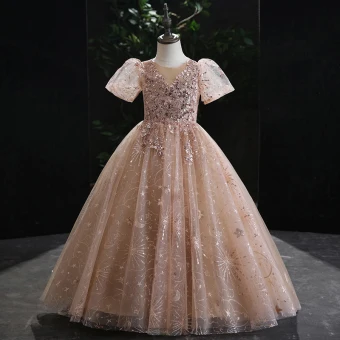 Scintillantes Champagne Perlage En Dentelle Fleur Paillettes Anniversaire Robe Ceremonie Fille 2022 Robe Boule Encolure Dégagée Manches Courtes Longue Robe Ceremonie Fille