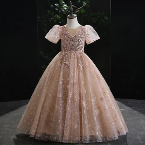 Chic Belle Champagne En Dentelle Étoile Paillettes Promo Robe Ceremonie Fille 2022 Robe Boule Encolure Dégagée Gonflée Manches Courtes Longue Robe Ceremonie Fille