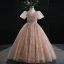 Chic / Beautiful Champagne Lace Star Sequins Prom Flower Girl Dresses 2022 Ball Gown Scoop Neck Puffy Short Sleeve Floor-Length / Long Flower Girl Dresses