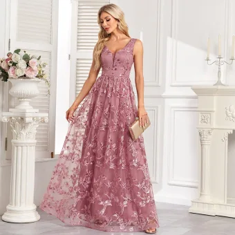 Chic Beautiful Lace Flower Dusky Pink Prom Dresses 2024 A Line Princess V Neck Sleeveless Backless Floor Length Long Prom Formal Dresses