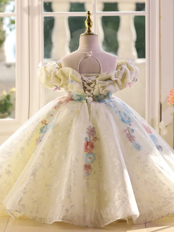 Chic / Belle Champagne Perlage Perle Appliques Paillettes Anniversaire Robe Ceremonie Fille 2025 Robe Boule Encolure Dégagée Gonflée Manches Courtes Dos Nu Longue
