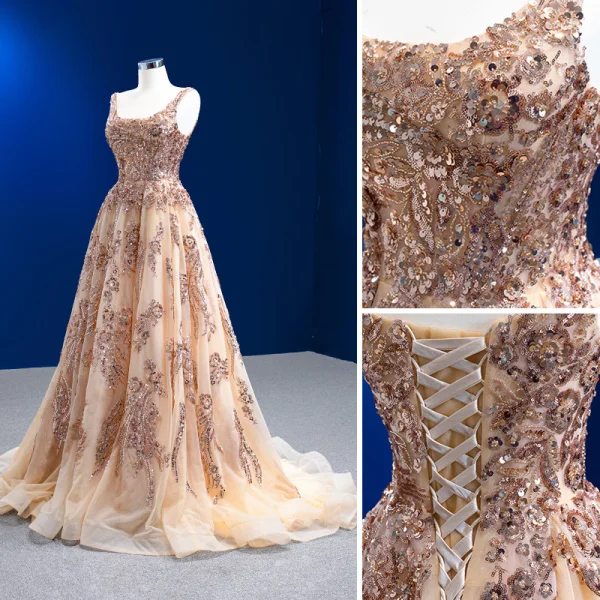 Scintillantes Doré Fait main Perlage Paillettes Robe De Soirée 2022 Princesse U-Cou Sans Manches Dos Nu Train De Balayage Promo Robe De Ceremonie