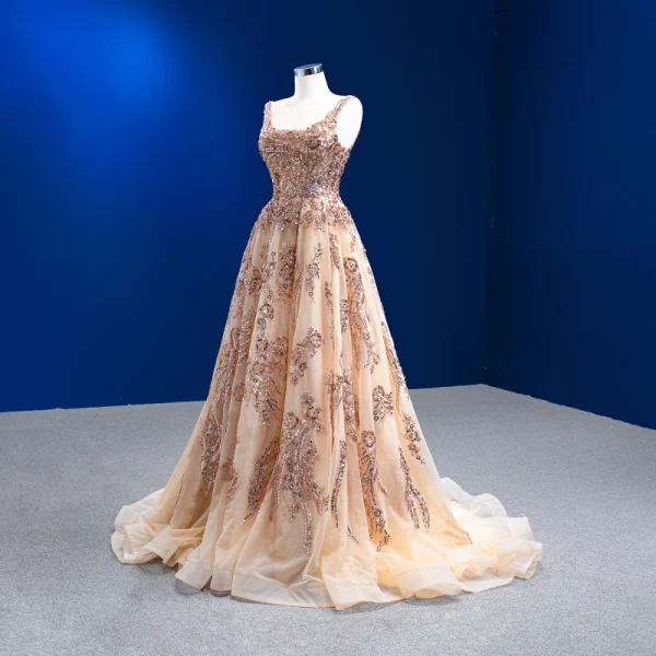 Scintillantes Doré Fait main Perlage Paillettes Robe De Soirée 2022 Princesse U-Cou Sans Manches Dos Nu Train De Balayage Promo Robe De Ceremonie