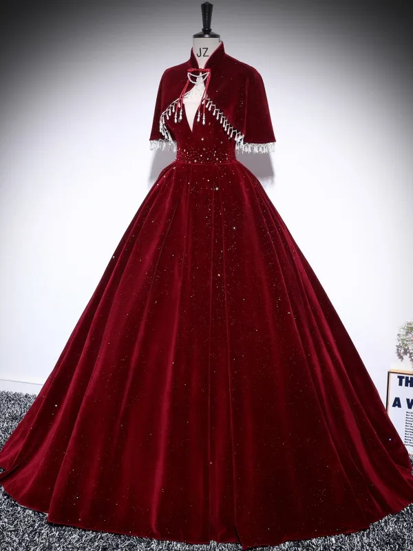 Elegant Burgundy Beading Sequins Velvet Mother Of The Bride Dresses 2025 Ball Gown V-Neck Sleeveless Backless Floor-Length / Long