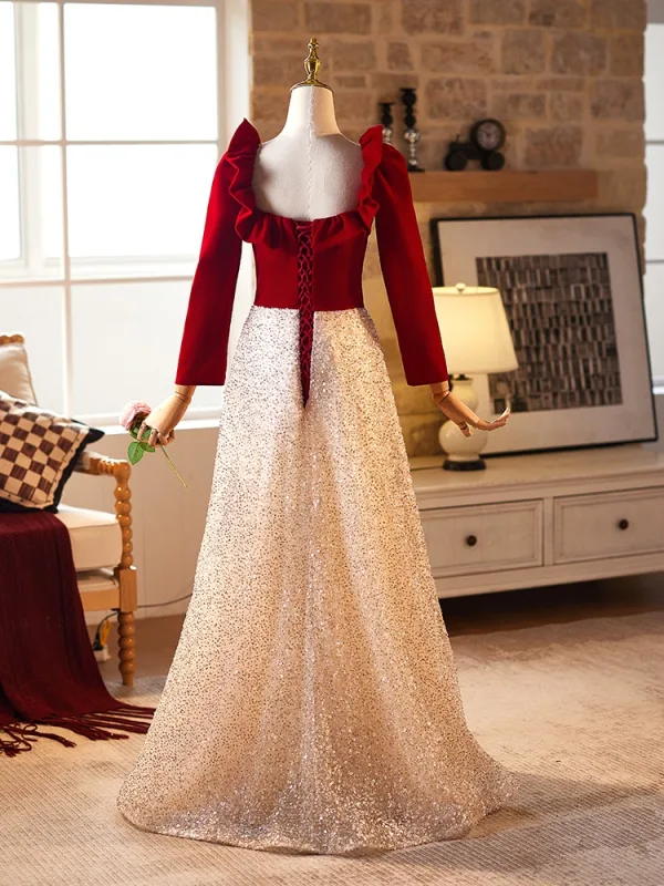 Chic / Belle Bordeaux Paillettes Robe De Bal 2024 Princesse Encolure Carrée Manches Longues Dos Nu Longue Promo Robe De Ceremonie