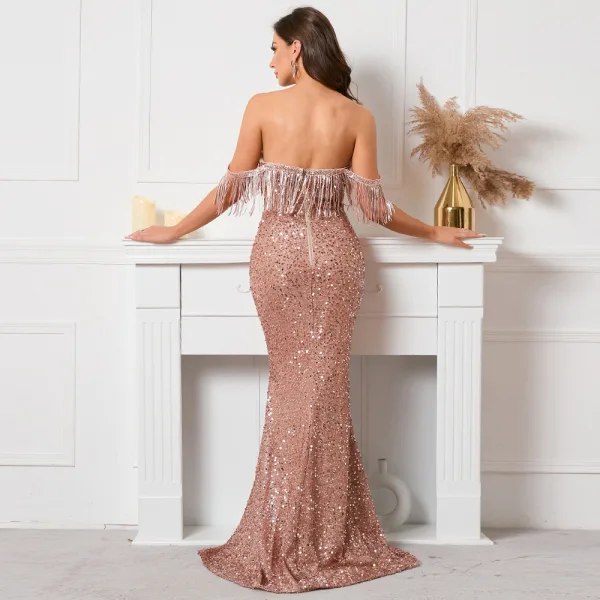 Scintillantes Charmant Rougissant Rose Perlage Paillettes Robe De Soirée 2022 Trompette / Sirène De l'épaule Sans Manches Dos Nu Train De Balayage Robe De Ceremonie