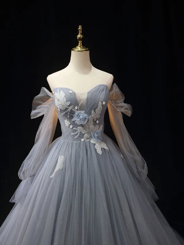 Fashion Sky Blue Lace Flower Prom Dresses 2024 Ball Gown Off-The-Shoulder Long Sleeve Backless Floor-Length / Long Formal Dresses