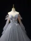 Fashion Sky Blue Lace Flower Prom Dresses 2024 Ball Gown Off-The-Shoulder Long Sleeve Backless Floor-Length / Long Formal Dresses