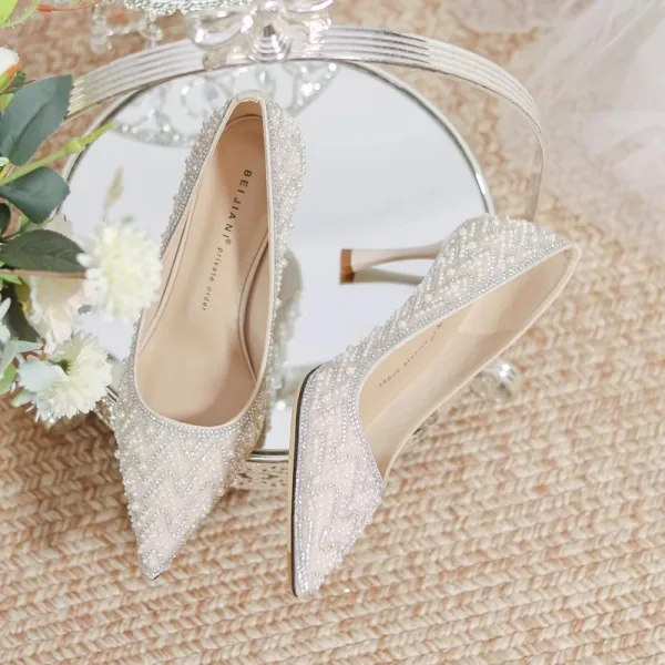 Charming Silver Beading Pearl Rhinestone Wedding Shoes 2024 7 cm Stiletto Heels Pointed Toe Wedding Pumps High Heels