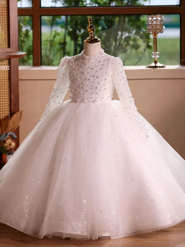 Elegant White Pearl Sequins Short Birthday Flower Girl Dresses 2025 Ball Gown High Neck Long Sleeve Backless