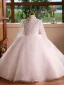 Elegant White Pearl Sequins Short Birthday Flower Girl Dresses 2025 Ball Gown High Neck Long Sleeve Backless