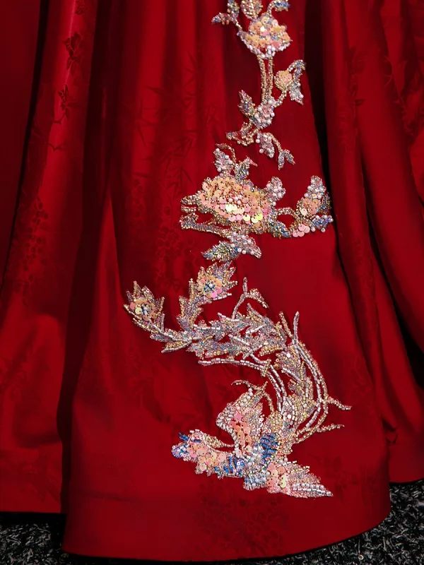 Elegant Red Beading Embroidered Prom Dresses 2025 A-Line / Princess Strapless Bow Sleeveless Backless Floor-Length / Long Formal Dresses