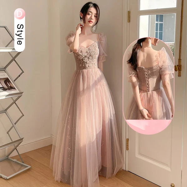 Chic / Beautiful Dusky Pink Pearl Rhinestone Sequins Bridesmaid Dresses 2022 A-Line / Princess Short Sleeve Backless Floor-Length / Long Bridesmaid
