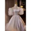 Vintage / Retro White Lace Flower Satin Cascading Ruffles Wedding Dresses 2024 Ball Gown Off-The-Shoulder Short Sleeve Backless Floor-Length / Long Wedding