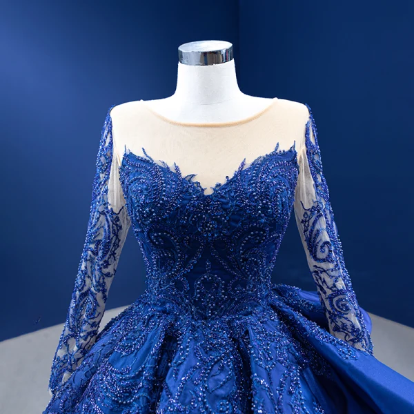 Luxe Bleu Roi Perlage Perle Paillettes En Dentelle Fleur Volants en Cascade Robe De Bal 2022 Robe Boule Encolure Dégagée Manches Longues Longue Promo Robe De Ceremonie