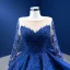 Luxe Bleu Roi Perlage Perle Paillettes En Dentelle Fleur Volants en Cascade Robe De Bal 2022 Robe Boule Encolure Dégagée Manches Longues Longue Promo Robe De Ceremonie