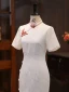 Chinese style White Silk Printing Evening Party Cheongsam 2024 Trumpet / Mermaid High Neck Short Sleeve Tea-length