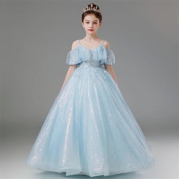 Chic / Beautiful Sky Blue Beading Sequins Birthday Flower Girl Dresses 2024 Ball Gown Scoop Neck Short Sleeve Floor-Length / Long Tulle