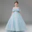 Chic / Beautiful Sky Blue Beading Sequins Birthday Flower Girl Dresses 2024 Ball Gown Scoop Neck Short Sleeve Floor-Length / Long Tulle