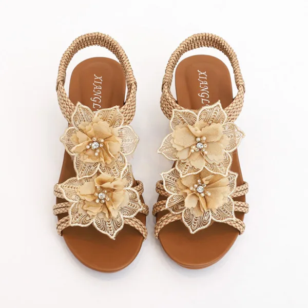 Roman Blushing Pink Pearl Lace Flower Womens Sandals Beach 5 cm Wedges T-Strap Open / Peep Toe Sandals
