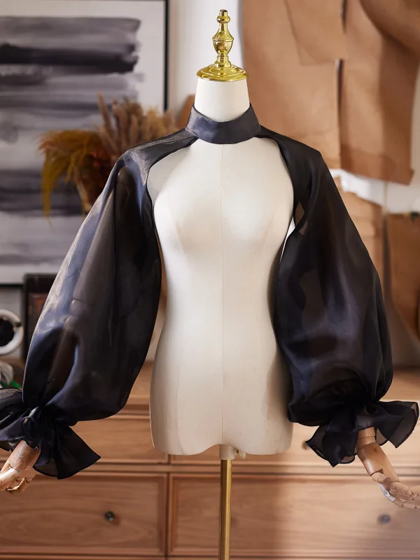 Unusual Black Handmade  Puffy Short Sleeve Evening Party shawl Polyester 2025 High Neck