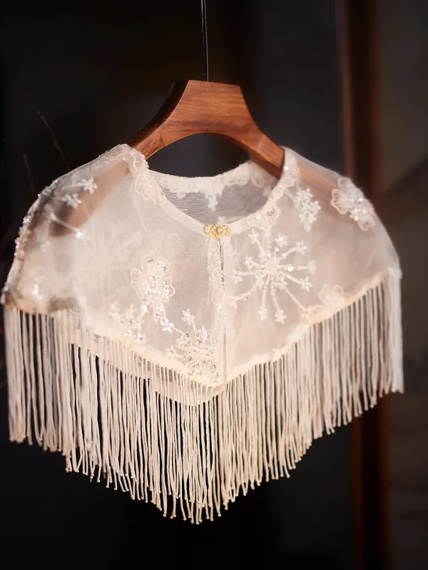 Bling Bling Aprikos / Beige Handgjort Beading Tassel Paljetter Spets Blomma Bal sjal 2025