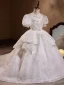 Charming White Beading Pearl Sequins Cascading Ruffles Birthday Flower Girl Dresses 2023 Ball Gown Scoop Neck Puffy Short Sleeve Floor-Length / Long Flower Girl Dresses
