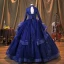 Vintage / Retro Navy Blue Pearl Sequins Lace Flower Prom Dresses 2022 Ball Gown High Neck Cascading Ruffles Long Sleeve Backless Beading Floor-Length / Long
