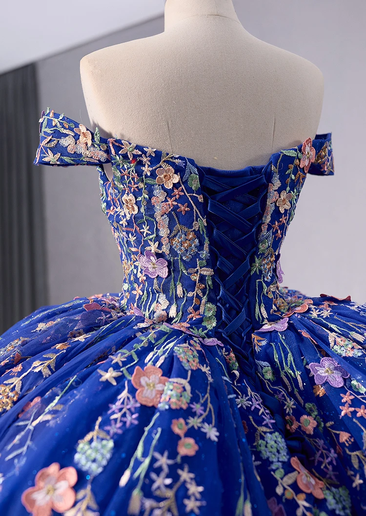 slim fit dress slacks Ball Gown Blue Prom Dress with Delicate Gold Leaf Lace