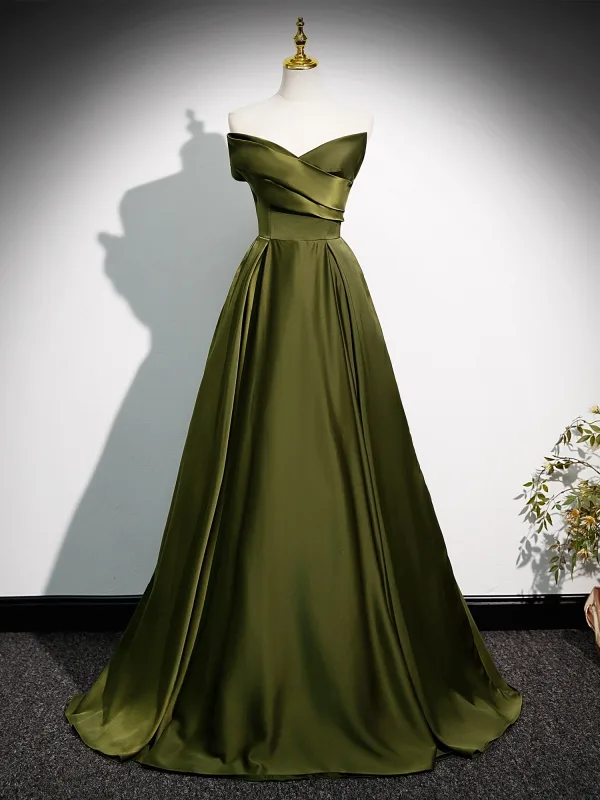 Vintage Retro Olive Green Satin Prom Dresses 2025 Ball Gown Strapless Sleeveless Long Vintage Retro Olive Green Satin Prom Dresses 2025 Ball Gown Strapless Sleeveless Long