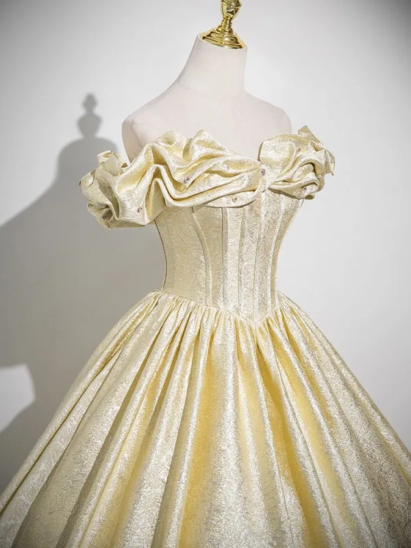 Chic / Beautiful Yellow Prom Dresses Ball Gown 2025 Off-The-Shoulder Short Sleeve Backless Floor-Length / Long Prom Formal Dresses