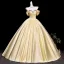 Vintage / Retro Yellow Rhinestone Prom Dresses 2026 Ball Gown Off-The-Shoulder Short Sleeve Backless Floor-Length / Long Formal Dresses