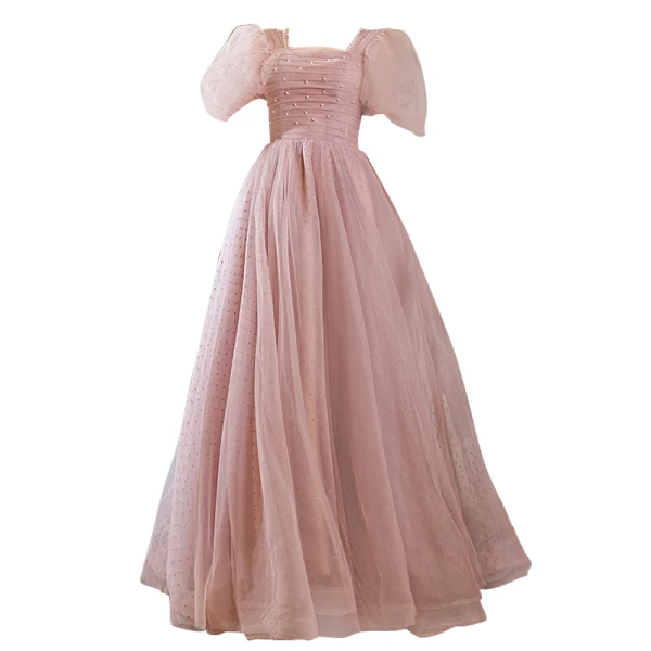 Modest / Simple Blushing Pink Pearl Prom Dresses 2022 A-Line / Princess Square Neckline Short Sleeve Backless Floor-Length / Long Formal Dresses