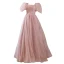 Modest / Simple Blushing Pink Pearl Prom Dresses 2022 A-Line / Princess Square Neckline Short Sleeve Backless Floor-Length / Long Formal Dresses