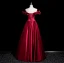Elegant Burgundy Appliques Satin Prom Dresses 2024 A-Line / Princess Off-The-Shoulder Sleeveless Backless Floor-Length / Long Prom Formal Dresses