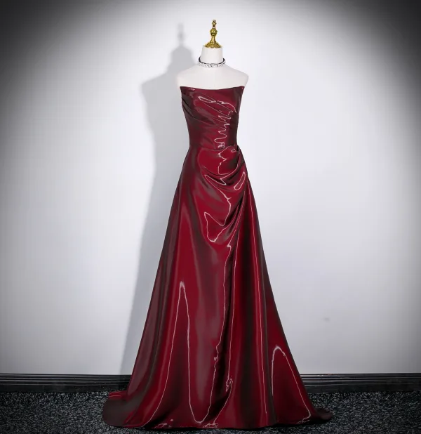 Modest / Simple Burgundy Prom Dresses 2026 A-Line / Princess Off-The-Shoulder Cap Sleeves Backless Floor-Length / Long Formal Dresses