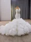 Charming Luxury / Gorgeous White Beading Pearl Rhinestone Cascading Ruffles Wedding Dresses 2025 Trumpet / Mermaid Strapless Sleeveless Backless Royal Train Wedding