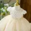 Chic / Beautiful Beige Appliques Birthday Flower Girl Dresses 2022 Ball Gown Scoop Neck Short Sleeve Bow Short Flower Girl Dresses