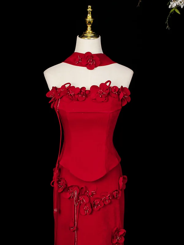 Chic / Belle Rouge Perlage Appliques Robe De Soirée 2026 Trompette / Sirène Bustier Sans Manches Dos Nu Train De Balayage Robe De Ceremonie