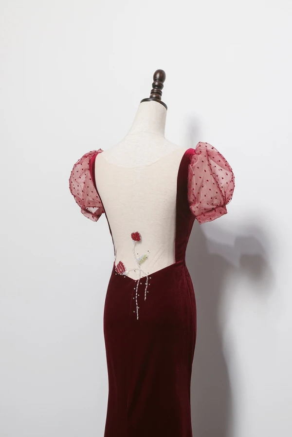 Elegant Burgundy Beading Velvet Evening Dresses 2023 Trumpet / Mermaid Scoop Neck Zipper Up at Side Puffy Short Sleeve Backless Floor-Length / Long Prom Formal Dresses