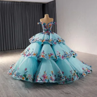 Fantaisie Haut De Gamme Bleu Perlage Volants En Cascade Fait Main Paillettes En Dentelle Fleur Robe De Bal 2024 Robe Boule De L Épaule Sans Manches Dos Nu