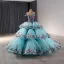 Fancy High-end Pool Blue Beading Cascading Ruffles Handmade  Sequins Lace Flower Prom Dresses 2024 Ball Gown Off-The-Shoulder Sleeveless Backless