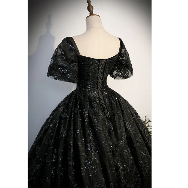 Chic / Belle Noire Perlage Paillettes Robe De Bal 2023 Robe Boule Encolure Carrée Manches Courtes Dos Nu Longue Promo Robe De Ceremonie