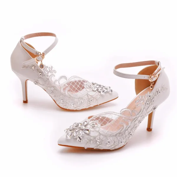 Élégant Blanche En Dentelle Fleur Faux Diamant Chaussure De Mariée 2023 8 cm Talons Aiguilles À Bout Pointu Mariage Talons Hauts