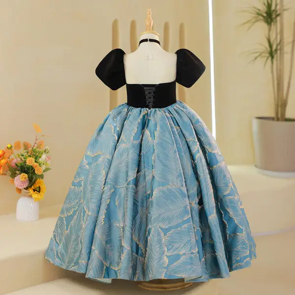 Élégant Noire Anniversaire Robe Ceremonie Fille 2022 Robe Boule Encolure Dégagée Gonflée Manches Courtes Longue Robe Ceremonie Fille