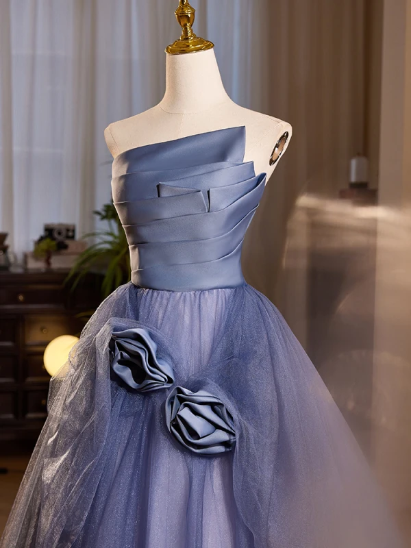 Chic / Beautiful Ocean Blue Appliques Prom Dresses 2024 A-Line / Princess Strapless Sleeveless Backless Floor-Length / Long Prom Formal Dresses